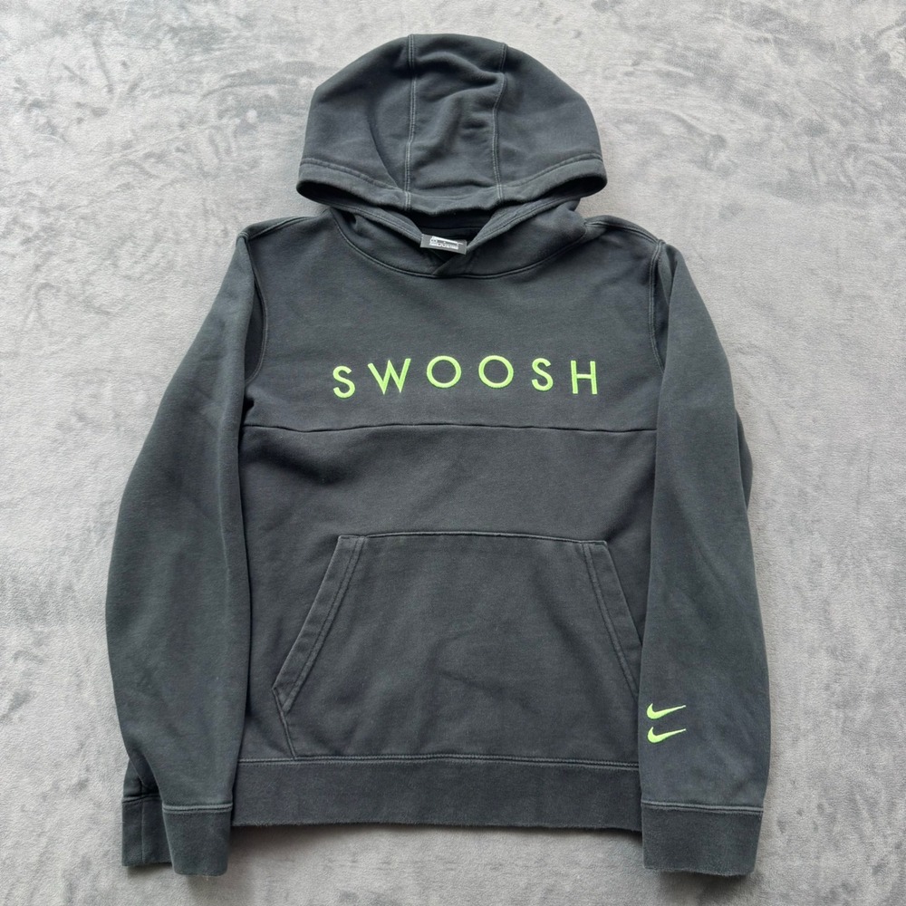 Nike Sportswear Swoosh Hoodie Black Lime Green Logo Pullover Boys Large